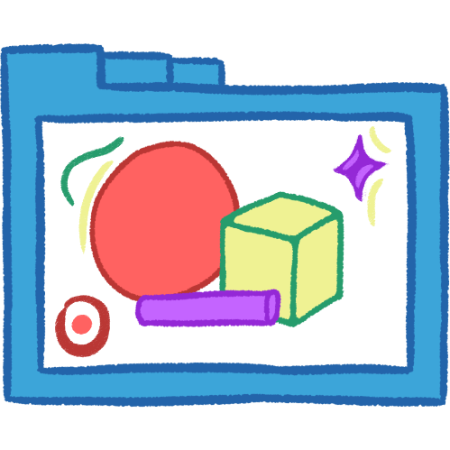 A hollow blue folder with thick lineart. It contains a pink circle, a pale green cube, and a small purple cylinder laid horizontally. There are several abstract decorations around them, lines and a circle and a purple star.